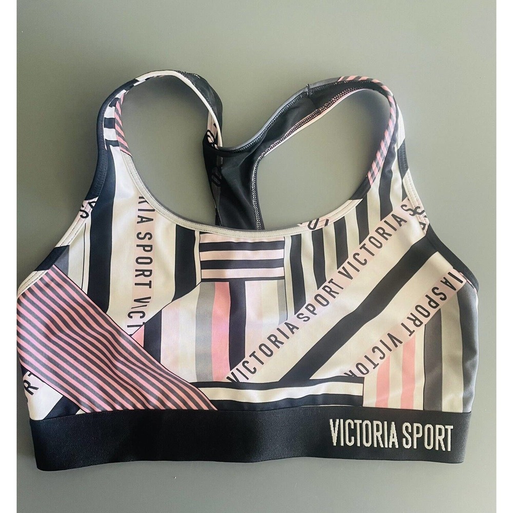 Victoria's Secret Unlined Sports Bra Pink and black logo Racerback size Medium